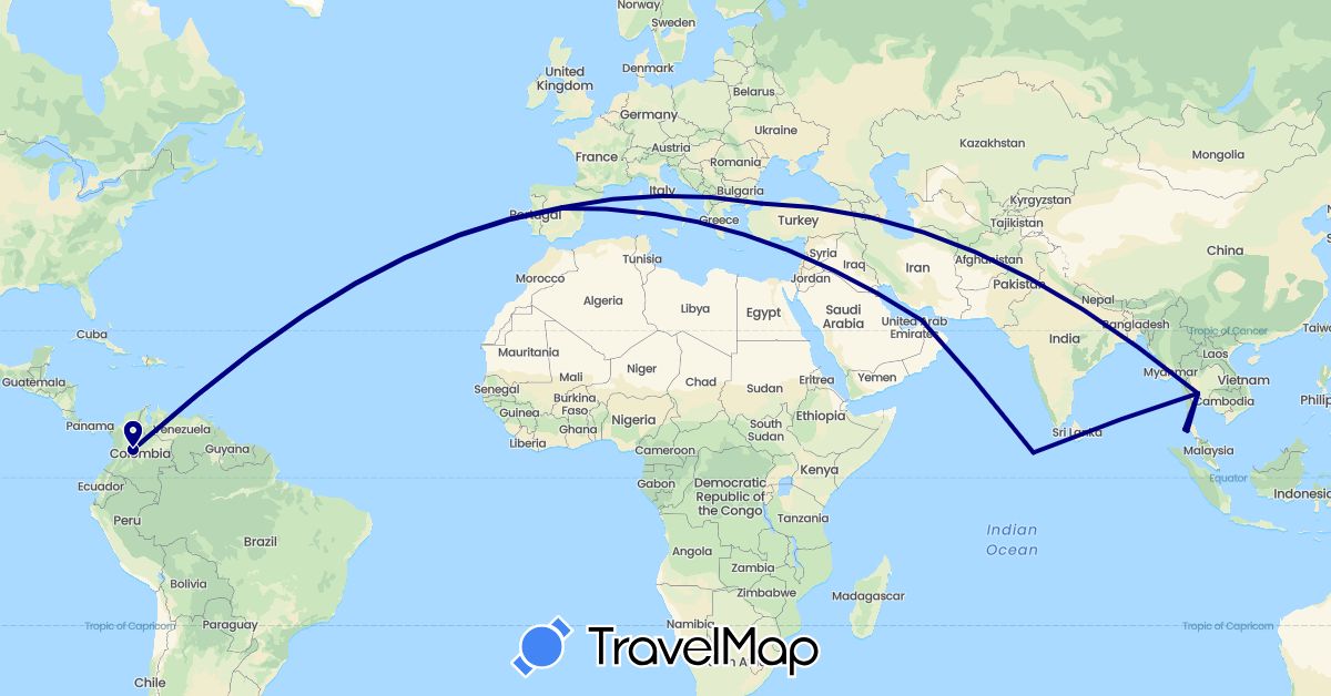 TravelMap itinerary: driving in United Arab Emirates, Colombia, Spain, Maldives, Thailand, Turkey (Asia, Europe, South America)